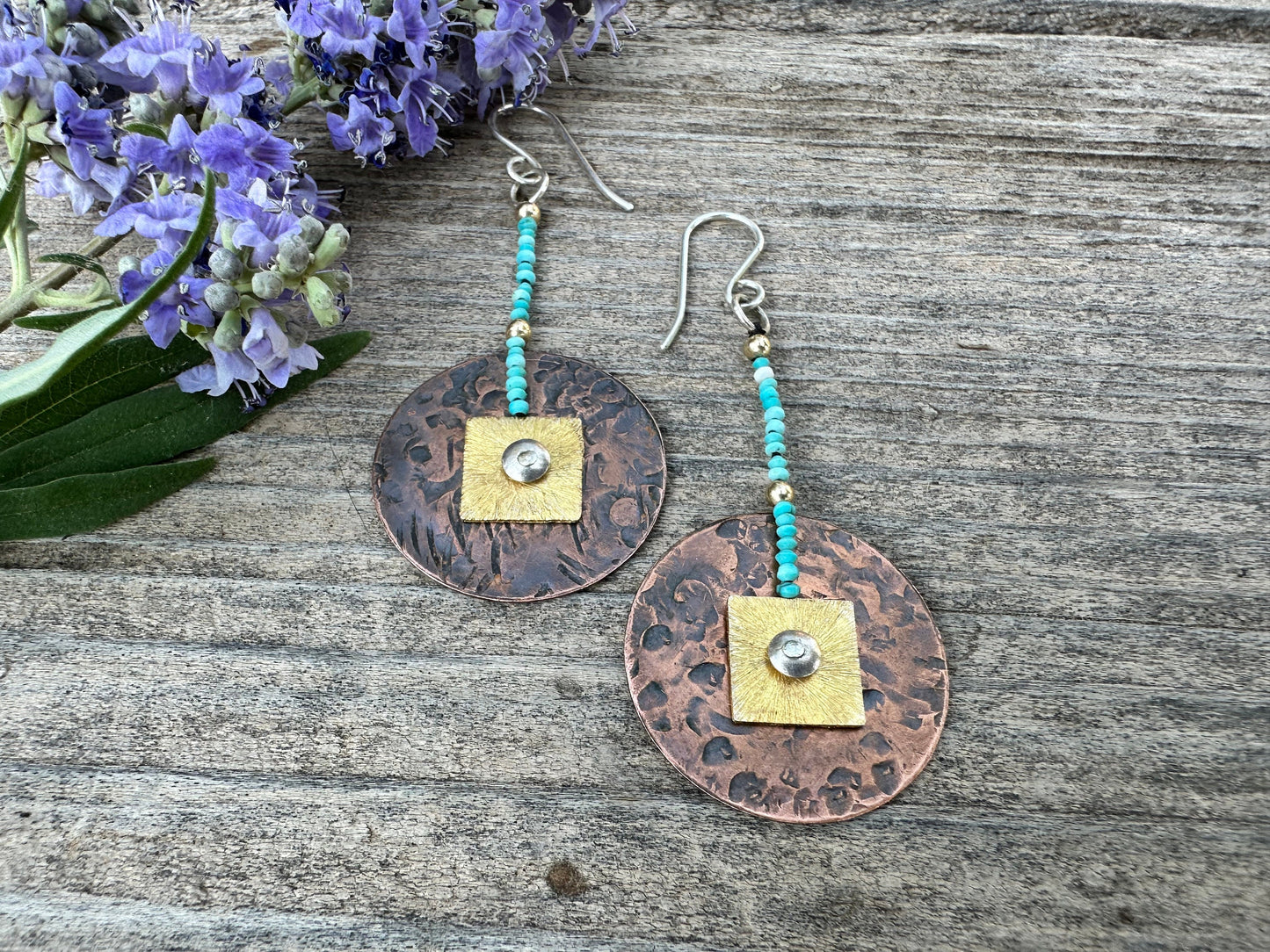 Copper disk earrings … hammered copper disc + gold vermeil suspended from tiny, 1mm, turquoise beads