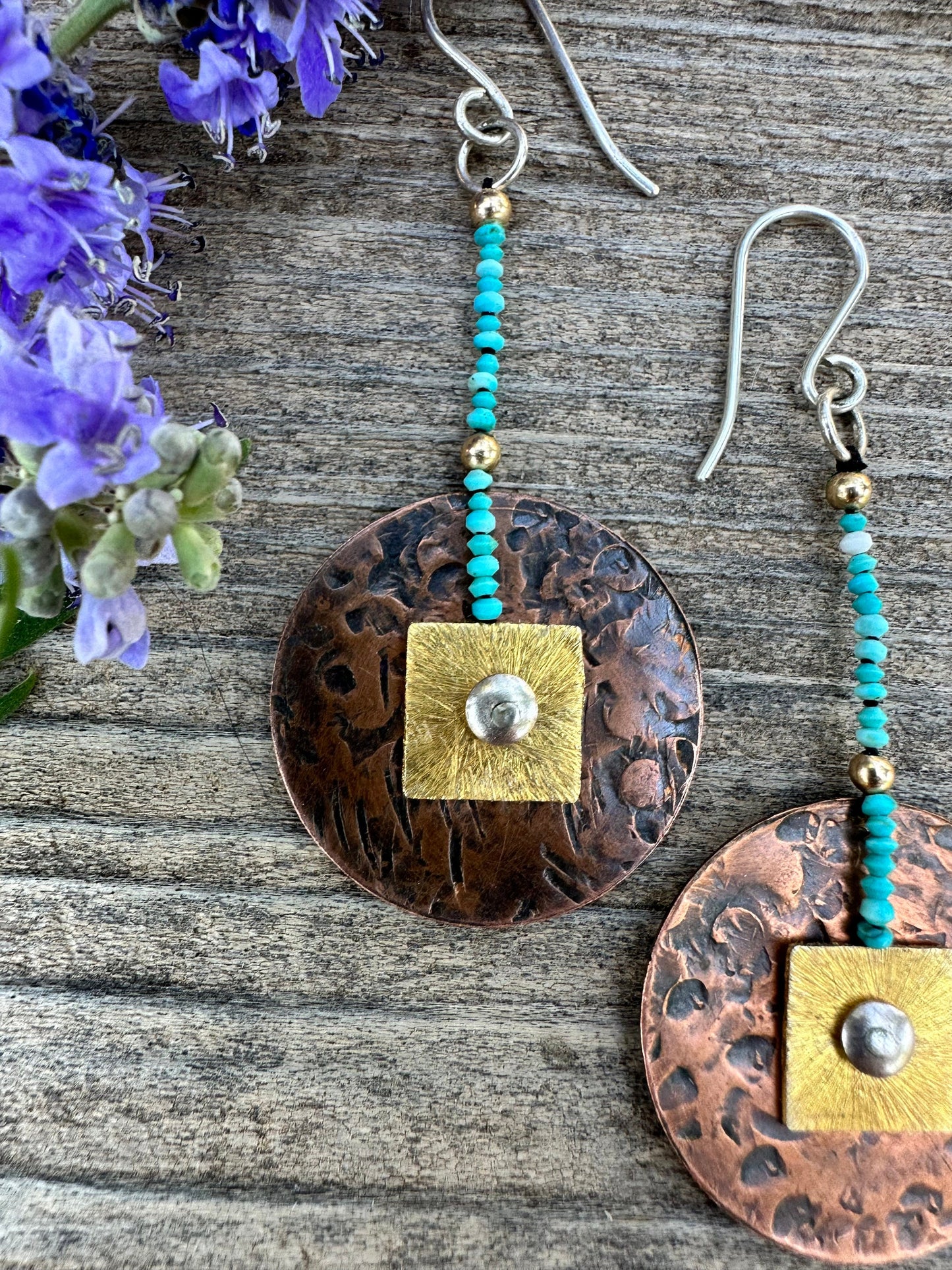 Copper disk earrings … hammered copper disc + gold vermeil suspended from tiny, 1mm,  turquoise beads