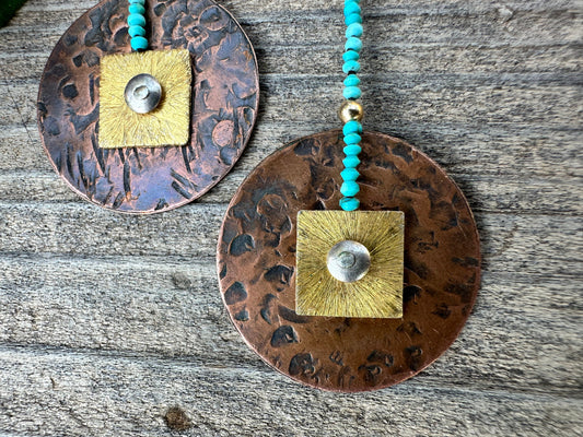 Copper disk earrings … hammered copper disc + gold vermeil suspended from tiny, 1mm,  turquoise beads