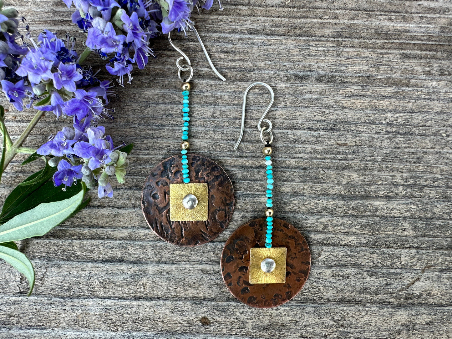 Copper disk earrings … hammered copper disc + gold vermeil suspended from tiny, 1mm,  turquoise beads